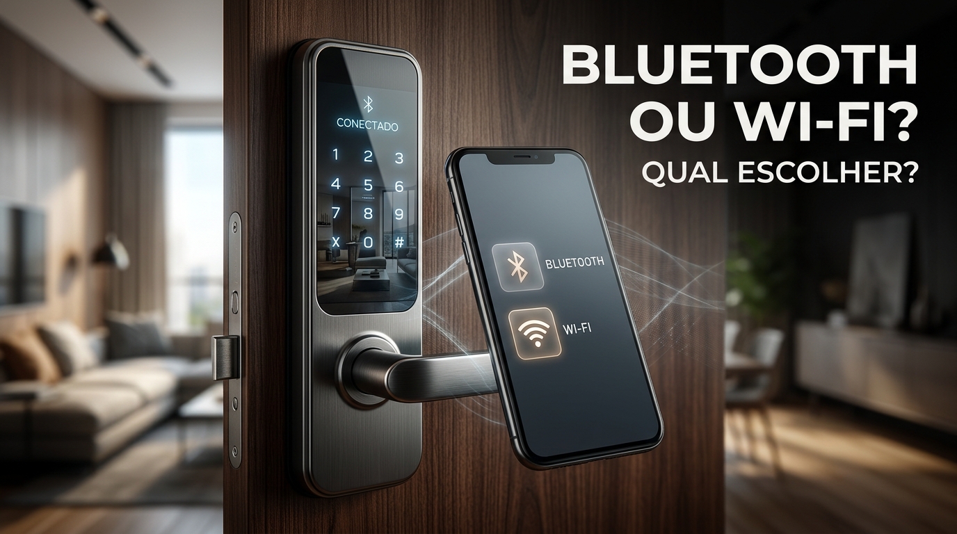 Criar uma capa de artigo extremamente chamativa, premium e com forte potencial de clique em celular. Mostrar uma fechadura digital moderna e sofisticada em uma porta residencial, ocupando grande parte da imagem em PRIMEIRO PLANO. Ao lado da fechadura, um smartphone moderno mostrando uma interface genérica de conexão inteligente. Criar uma composição visual que represente uma escolha entre duas tecnologias: Bluetooth e Wi-Fi, usando apenas elementos visuais sutis de conectividade, sem parecer infográfico ou montagem. Ao fundo, ambiente de apartamento moderno desfocado. Fotografia hiper-realista, cinematográfica, iluminação dramática, alto contraste, reflexos realistas na fechadura, profundidade de campo, estética de publicidade premium de tecnologia residencial. A imagem deve gerar imediatamente a sensação de "qual dessas duas opções eu devo escolher?". Inserir APENAS o texto enorme: "BLUETOOTH OU WI-FI?" E abaixo, menor: "QUAL ESCOLHER?" Tipografia extremamente pesada, moderna, impactante e perfeitamente legível em celular. Texto estrategicamente posicionado sem cobrir a fechadura. Pouquíssimos elementos, composição limpa e poderosa. Sem marcas, sem logotipos, sem marca d'água e sem qualquer outro texto. Português brasileiro perfeito. Formato horizontal 16:9, alta resolução, hiper-realista, visual editorial premium e altamente clicável.